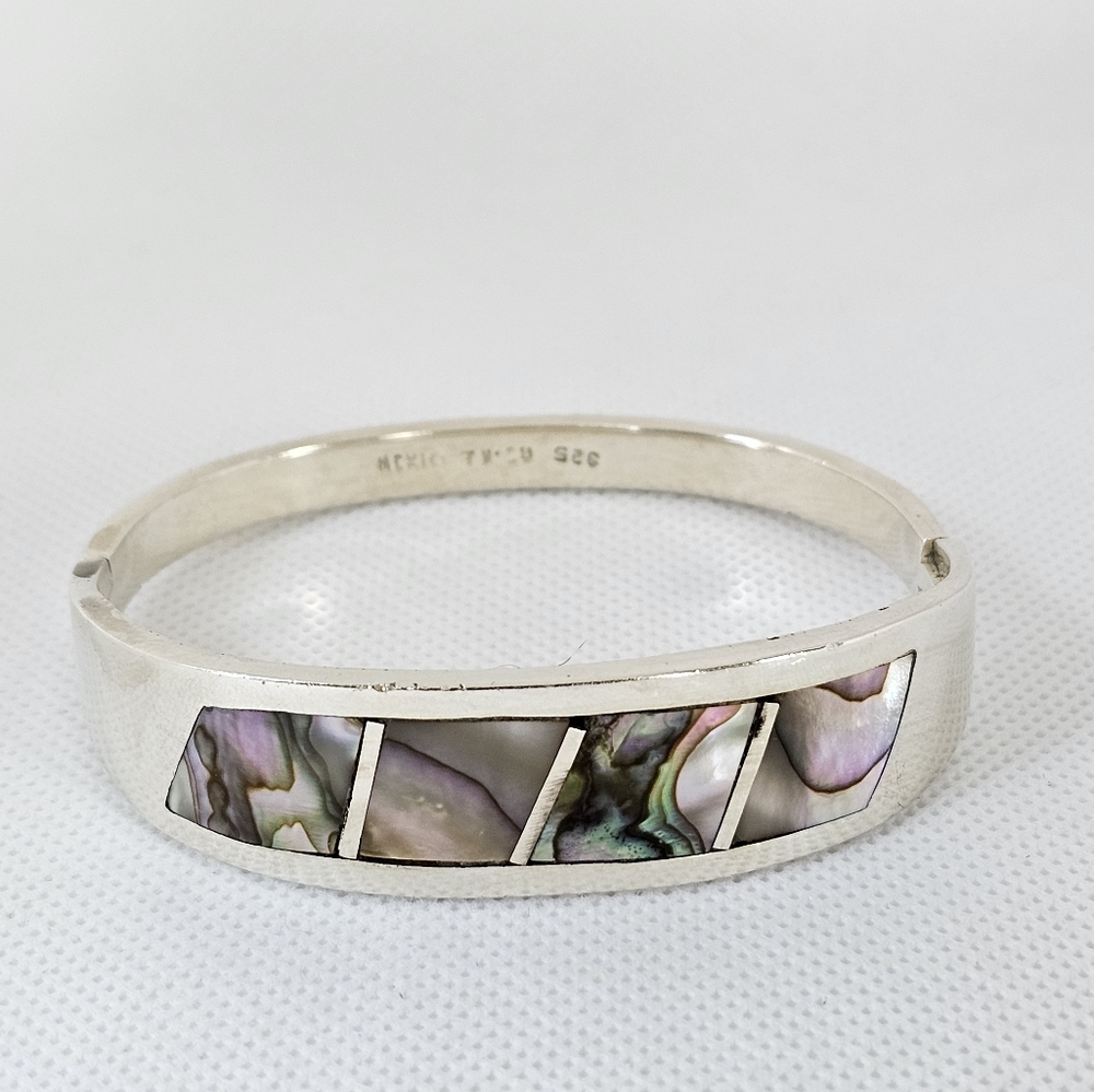 Gorgeous Vintage Abalone Inlaid Hinged Bracelet Sterling Silver! 43.3 Grams - Picture 4 of 9
